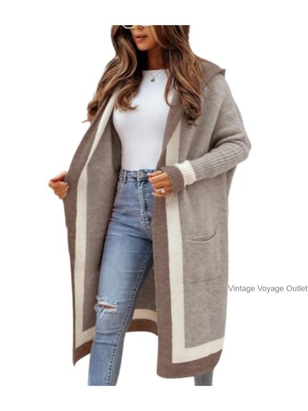 Women's Color Block Striped Open Front Oversized Hooded Long Cardigan with